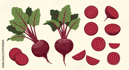 Detailed set of fresh beetroots, whole and sliced, with green leaves, emphasizing healthy eating and natural produce versatility.