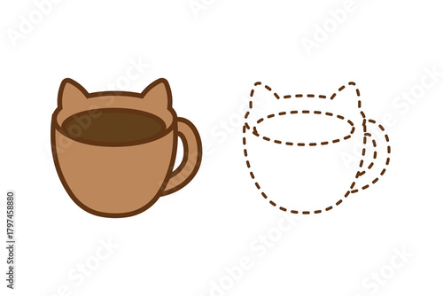Cute cat mug dashed line icon. Cute cat-ear mug in full color plus dashed outline. Ideal for cafe branding, stickers, kids’ goods. Editable SVG/PNG, layered files.