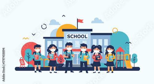 Group of diverse school children wearing medical masks, standing in front of a school building, illustrating safe education during a pandemic.