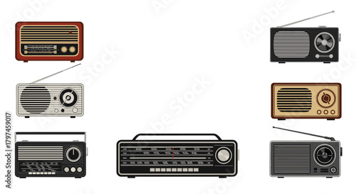 Collection of retro and vintage radio receivers with antennas, showcasing classic electronics and nostalgic communication devices.
