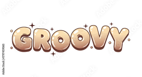 Shiny 3D Bubbly Groovy Word Text with Golden Beige Gradient and Sparkles.
