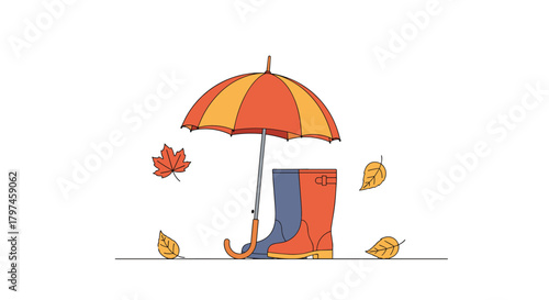 Autumn scene with a colorful umbrella and rubber boots, surrounded by fallen leaves, indicating rainy weather and the fall season.