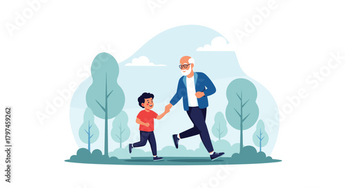 Grandfather and grandson running together in a lush green park on a sunny day, depicting family bonds and active lifestyle.