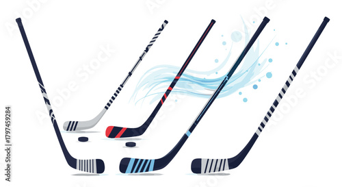 Collection of various ice hockey sticks and pucks, emphasizing the sport, game, and winter athletic activities with dynamic movement.