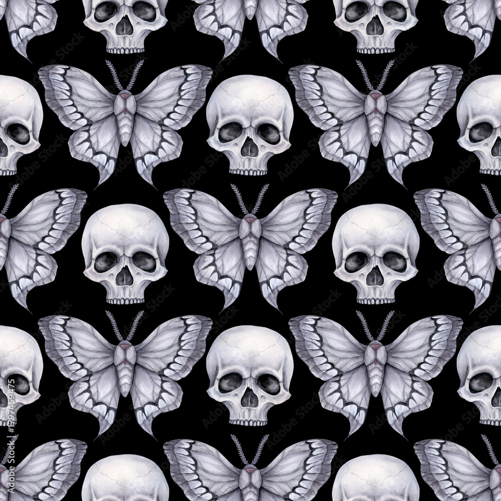 Fototapeta premium Seamless pattern with skulls and moths in gray tones on a black background. Hand-drawn in watercolor. For fabric, wrapping paper, cover, wallpaper.