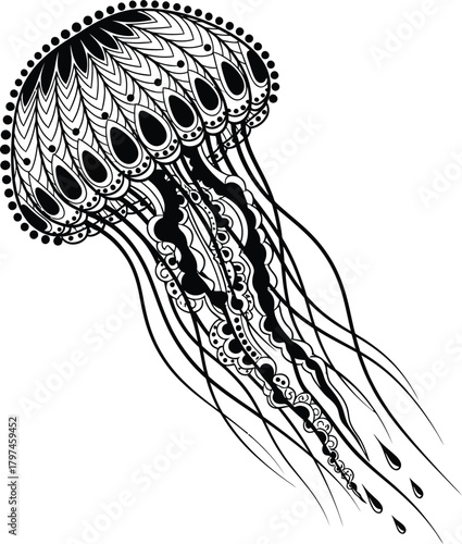 Detailed black and white jellyfish illustration ocean sea life drawing eps silhouette