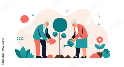 Happy elderly couple planting a tree and watering it, symbolizing environmental care, growth, and long-term sustainability.