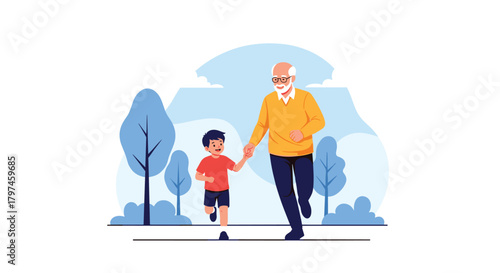 Grandfather and grandson running together in a lush green park on a sunny day, depicting family bonds and active lifestyle.