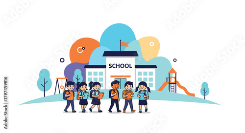 Diverse group of happy school children walking in front of a modern school building with a playground, symbolizing education and childhood.