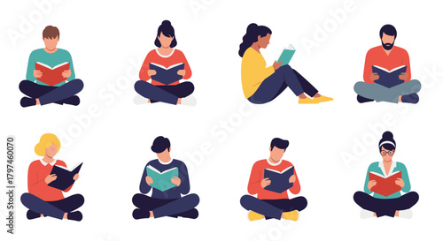 Diverse group of people sitting on the floor and reading books, promoting literacy, education, and the joy of reading.