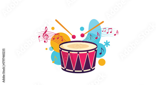 Colorful drum with drumsticks and musical notes, symbolizing music, rhythm, celebration, and artistic expression with abstract shapes.