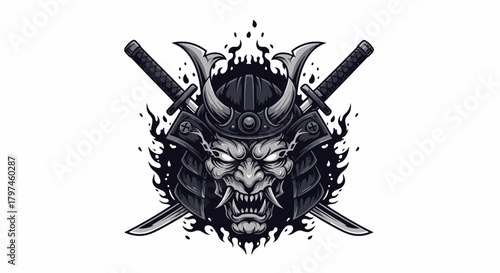 Samurai mask with crossed swords and flames, detailed vector illustration on white background.