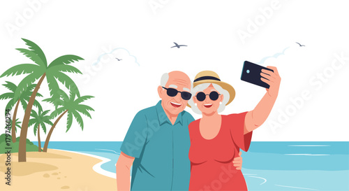 Happy elderly couple taking a selfie on a tropical beach with palm trees, enjoying their vacation and an active retirement lifestyle.