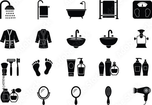 Bathroom essentials black icon set, hygiene and spa accessories, shower, towel, sink, shampoo, mirror, bath and hairdryer symbols