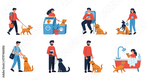 Set of various pet owners interacting with their dogs, depicting activities like walking, grooming, playing, and bathing, showcasing pet care.