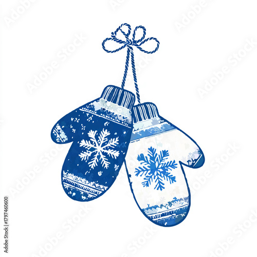 Two knitted mittens with snowflake pattern hang together
