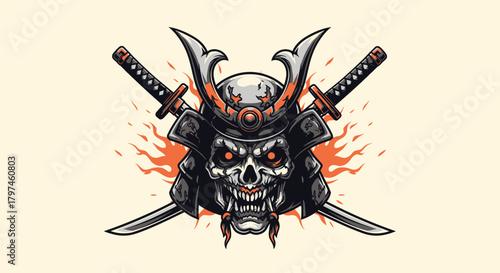 A stylized illustration featuring a skull wearing samurai armor, with crossed swords and fiery elements.