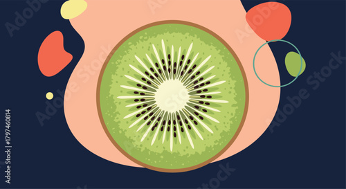 Close-up of a sliced kiwi fruit with seeds and vibrant green flesh, set against an abstract colorful background, symbolizing healthy eating.