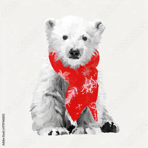 Polar Bear Cub Wearing a Red Scarf Standing Proudly

