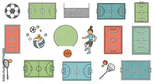 Comprehensive collection of various sports fields and equipment, including soccer, volleyball, basketball, and tennis, for athletic activities.
