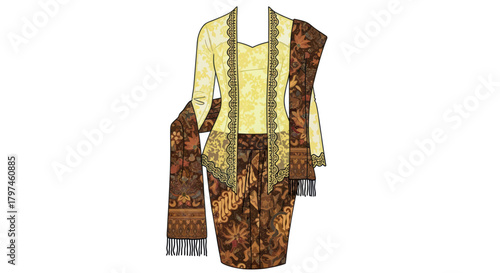 Traditional Kebaya Dress with Batik Skirt and Shawl Indonesian Formal Wear.