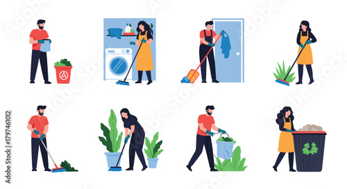 Collection of people performing various cleaning and tidying activities, including sweeping, raking, and taking out trash, showcasing home and yard chores.