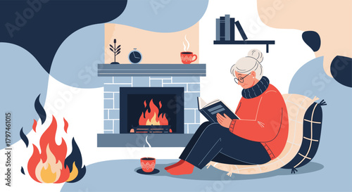 Happy elderly woman reading a book by a cozy fireplace with abstract blue shapes in the background, depicting winter relaxation and leisure.