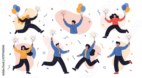 Excited people jumping and celebrating with sparklers and balloons, depicting a festive party, new year, or special event.