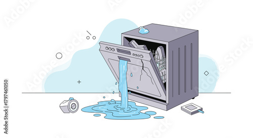 Illustration of a broken dishwasher with its door open, spilling water onto the kitchen floor, indicating appliance malfunction and a need for repair.