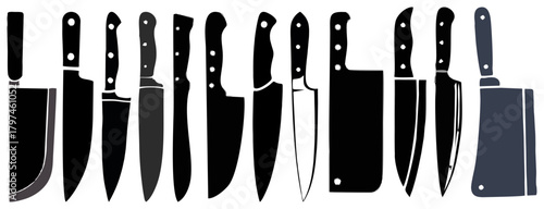 Kitchen knife set vector with chef knives, cleaver, cutlery tools, and cooking equipment. Perfect for culinary design, restaurant icons, kitchen illustration, and food preparation themes