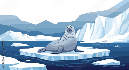 Adorable seal resting on a floating ice floe in a vast, icy arctic ocean, surrounded by towering icebergs and distant mountains.