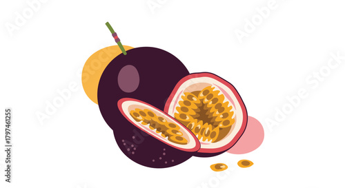 Vibrant illustration of a whole passion fruit with two succulent slices revealing its juicy pulp and edible seeds.