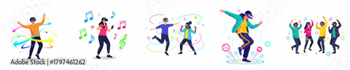 Flat Illustration of People Dancing with VR Headsets and Music Notes