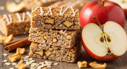 Stack of apple cinnamon granola bars with fresh and dried apples and oats on a wooden surface.