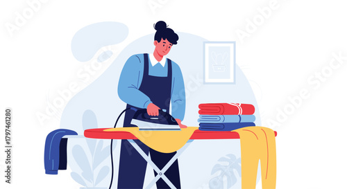 Woman performing household chores, diligently ironing clothes on an ironing board with a stack of clean, folded garments nearby.
