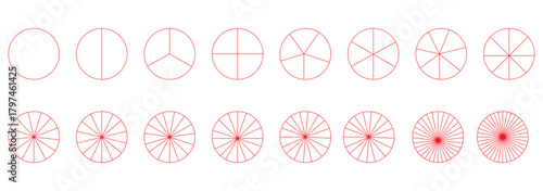 Segmented circles set. Diagram wheel parts. Line art segment slice sign. Circle section graph. Pie chart icon. Round diagram part infographic. Geometric element. Vector illustration