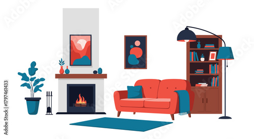 Cozy and inviting living room interior with a warm fireplace, comfortable red sofa, filled bookshelf, and stylish floor lamp.