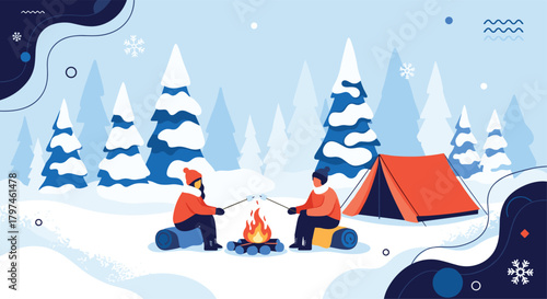 Couple enjoying winter camping in a snow-covered forest, warming themselves by a cozy campfire with a tent pitched nearby.