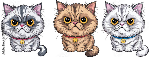 Cartoon cats illustration, expressive feline faces, striped fur, grumpy mood, cute collars, sitting pose, white background, pet art, stock design