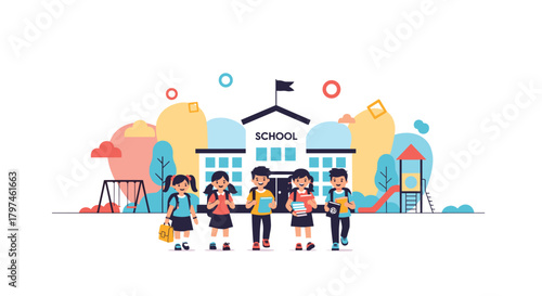 Diverse group of happy school children with backpacks standing in front of a school building and playground, ready for learning.