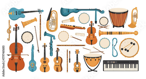Extensive collection of diverse musical instruments, including strings, woodwinds, brass, and percussion, representing an orchestra or band.