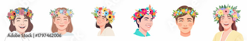 Simple Illustration Group of People Wearing Floral Crown Head Accessories