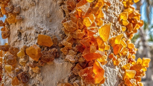 secretion. Close-up of frankincense tree bark with teardrop-shaped resin droplets glinting. gardening catalogs, home-decor guides, designed for gardening and botanical catalogs, used by clinicians.