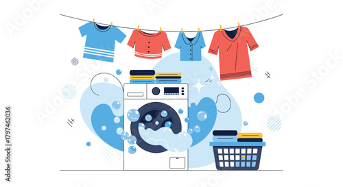 Modern washing machine with active bubbles, a full laundry basket, and fresh clothes drying on a line, depicting efficient laundry day.