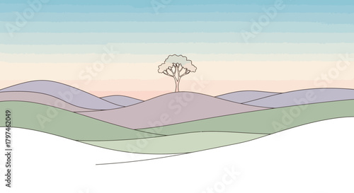 Serene rolling hills landscape with pastel hues and a single tree, perfect for backgrounds, minimalist designs, and conveying peace and tranquility