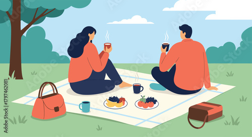 Romantic couple enjoying a delightful picnic in a lush green park, sitting on a blanket with food and hot beverages on a sunny day.