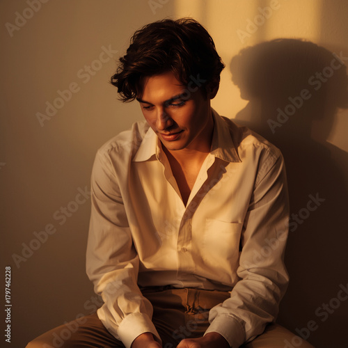 Candid photo of a young man seated under gentle amber light, neutral outfit and plain wall background. The warm glow and shadow play evoke relaxed, authentic, and introspective atmosphere.