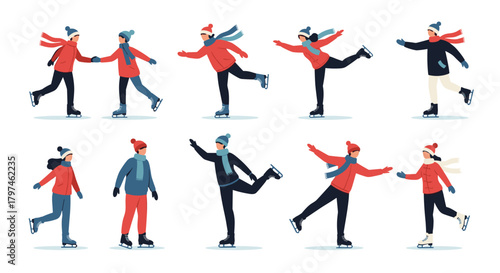 Diverse set of people of various ages enjoying ice skating in different graceful poses, some solo and others in pairs on the rink.