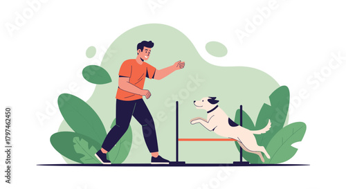 Man engaging in positive dog training, teaching his pet to jump over a hurdle in a lush green park setting, promoting pet agility.