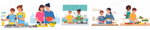 Flat Design Parent and Child Cooking Together in Kitchen Illustration Set